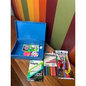 Blue plastic vintage pencil case with pencil crayons and markers mini paint set